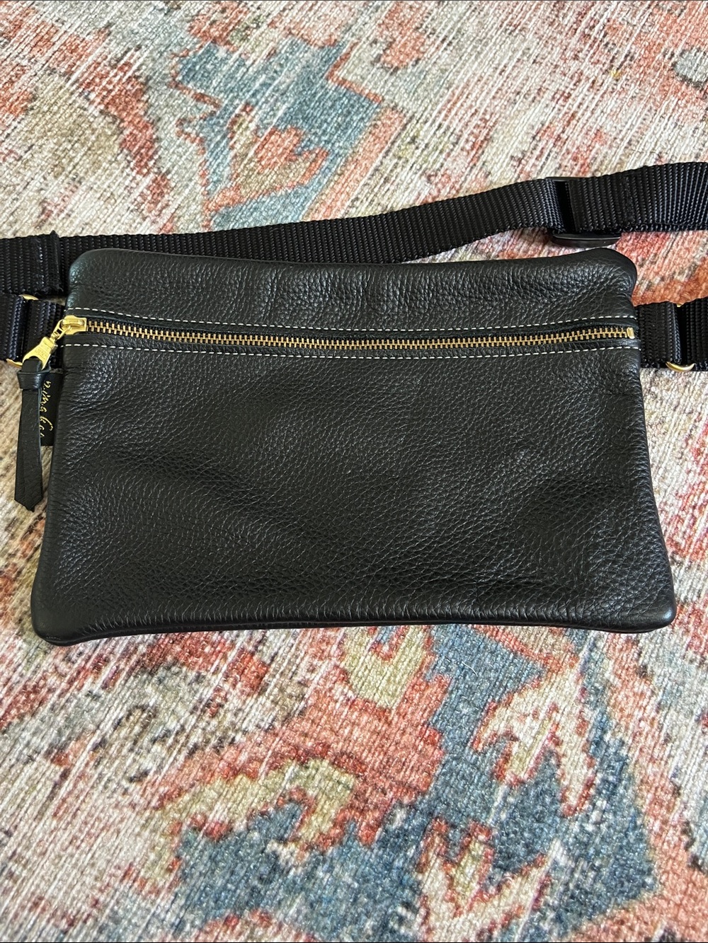 Black Pebbled Leather Belt Bag with Gold Zipper